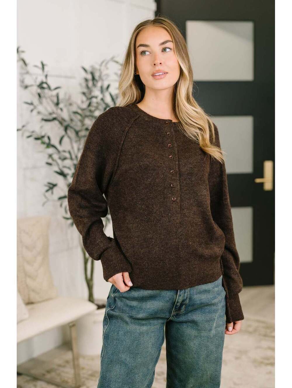 Just For Me Henley Brushed Pullover in Dark Brown